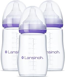 Lansinoh Anti-Colic Baby Bottles, BPA-Free Plastic, 8 Ounces, 3 Count, Medium Flow Nipples (Size M), Breastfeeding Bottle with NaturalWave Design, Baby Essentials