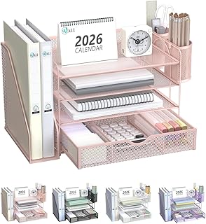 WALI Desk File Organizer, 4 Tier Desktop Paper Letter Tray Organizer with Drawer and 2 Pen Holders, Office Desk Accessories & Workspace Organizers for Office, Home Supplies(DO005DH-P), 1 Pack, Pink