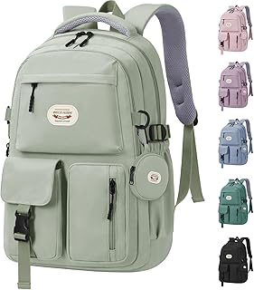 BECOJADDE Backpack School Bag Womens Girls with 15.6'' Laptop compartment, Water Resistant Rucksack with Coin Purse, Daypack for College, Work & Travel, Ideal for Teens & Students Green 25L
